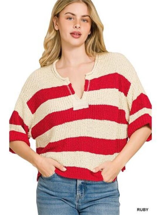 Zenana Outfitters Sweaters - Zenana Split Neck Stripe Sweater